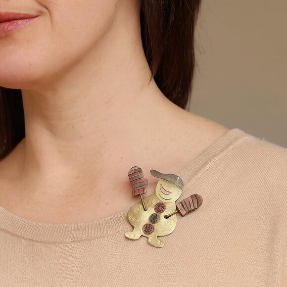 Whimsical Metal Snowman Brooch | Mixed Metal Holiday Pin - Picture 1 of 6